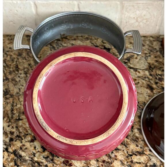 Red Round Ceramic Casserole Baking Dish w/Lid In Stainless Steel w/Handles USA - Picture 7 of 16
